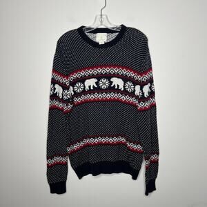 Aspen Sweater Mens Large Navy Fair Isle Polar Bear Crewneck 100% Cotton Knit